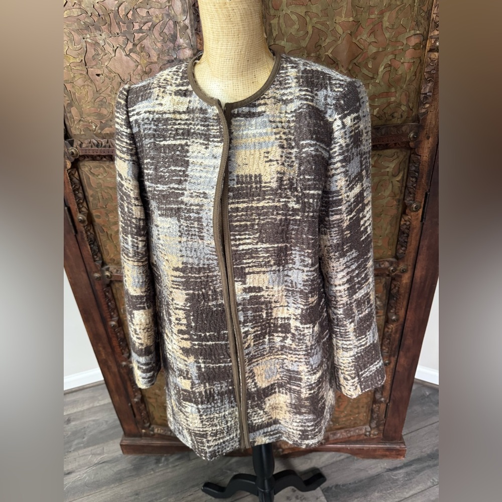 Lafayette 148 Women's Textured‎ Brown, blue and Cream long jacket 8